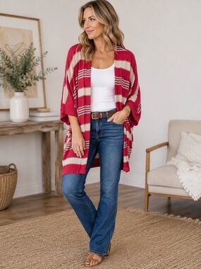 Lauren Ralph Lauren Red & Cream Striped Open Front Cardigan Sweater